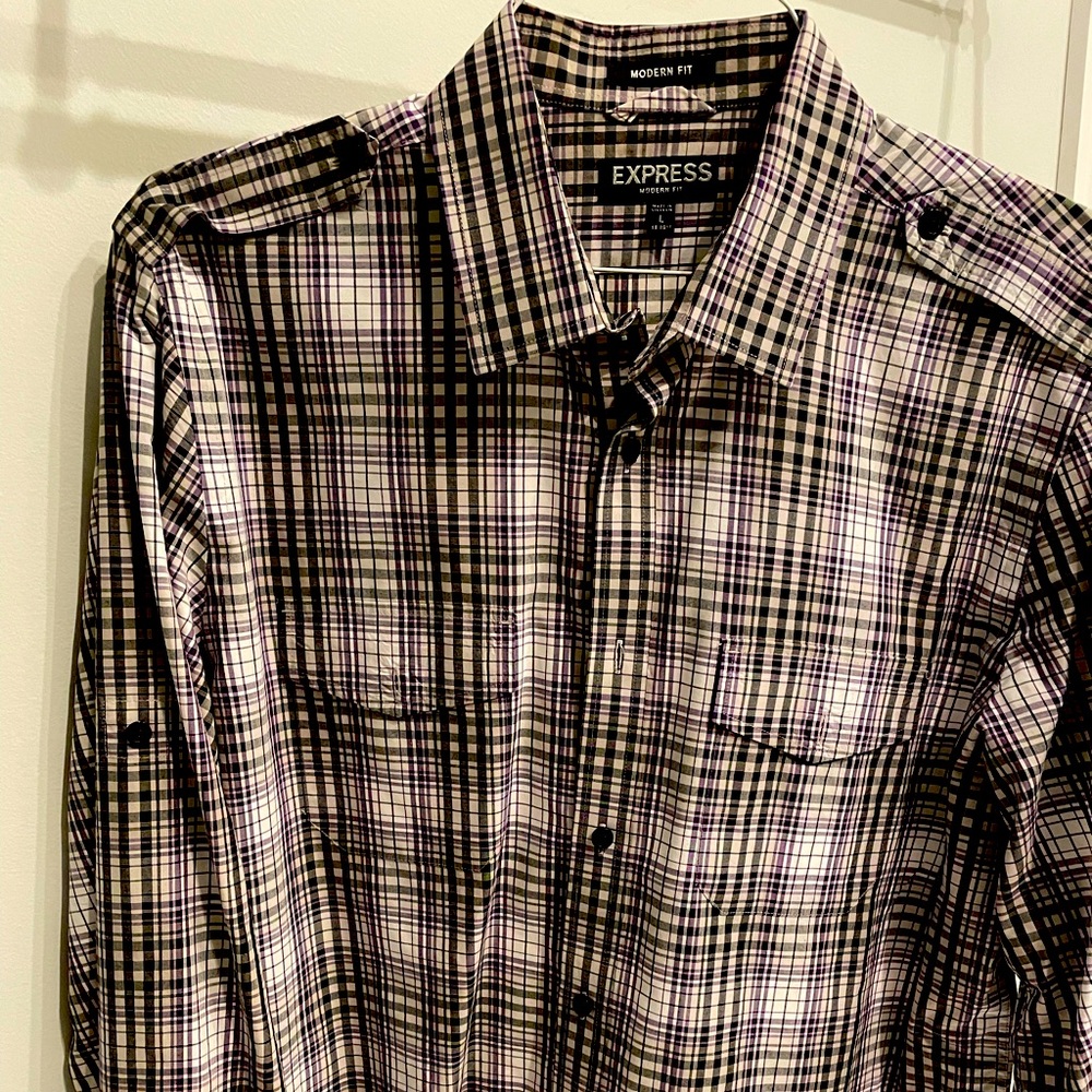 Mens purple + black + white plaid shirt from Express